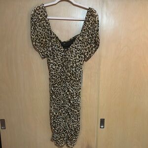 Haute Monde Tan Mini Bodycon Dress with Puff Sleeves for Night Out